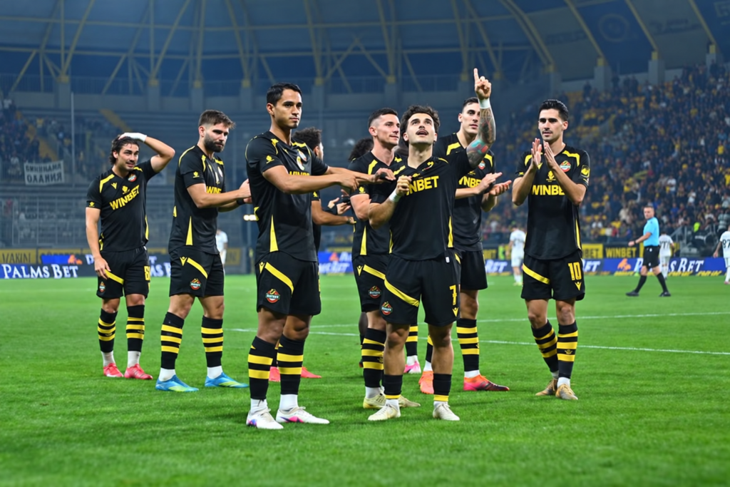 Алберто Салидо сочи към небето, заобиколен от съотборниците си